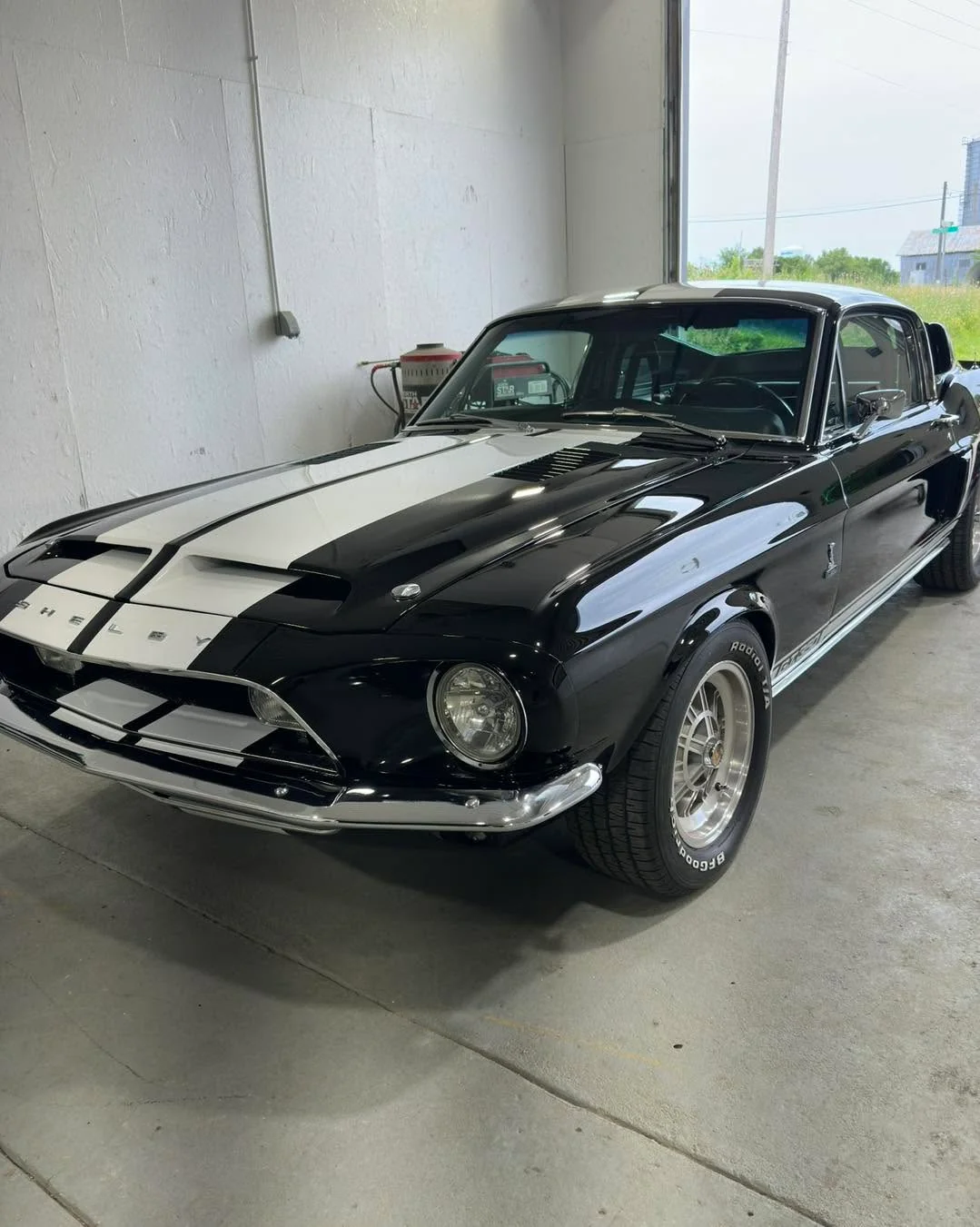 Black 1968 Shelby GT Mustang, front three-quarter view
