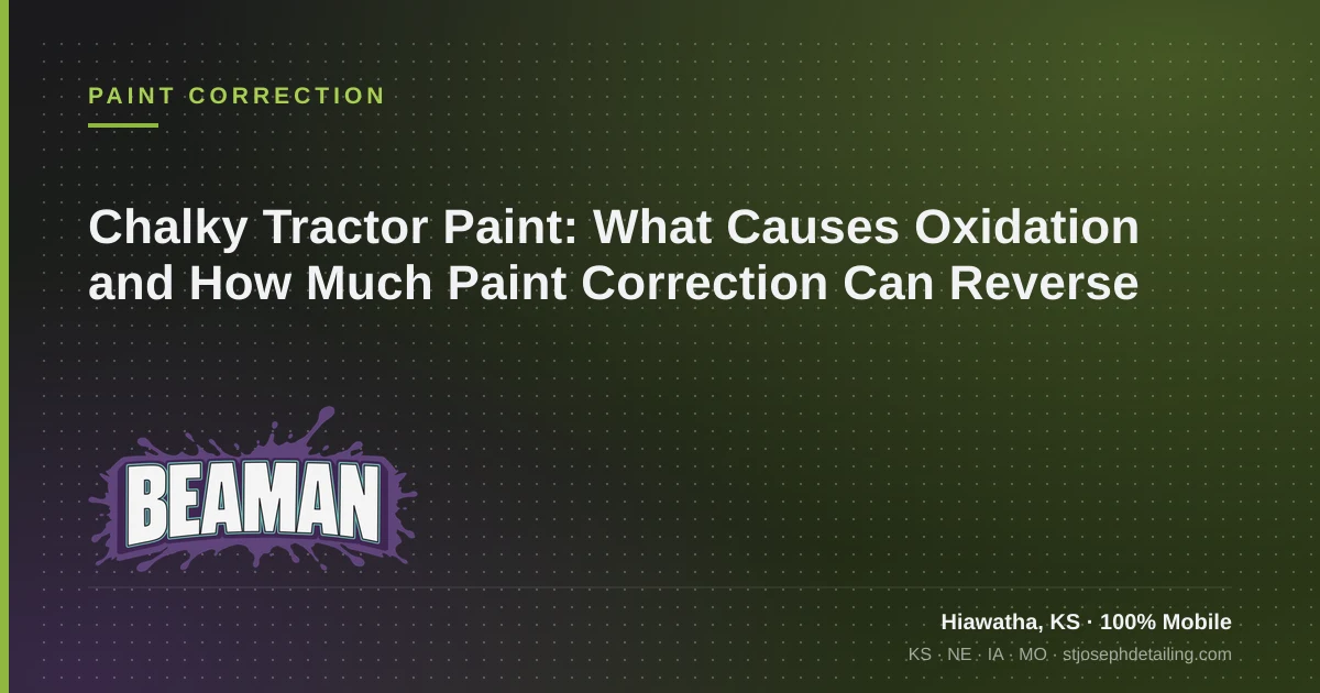 Chalky oxidized tractor paint compared with corrected paint, Beaman LLC, Hiawatha KS