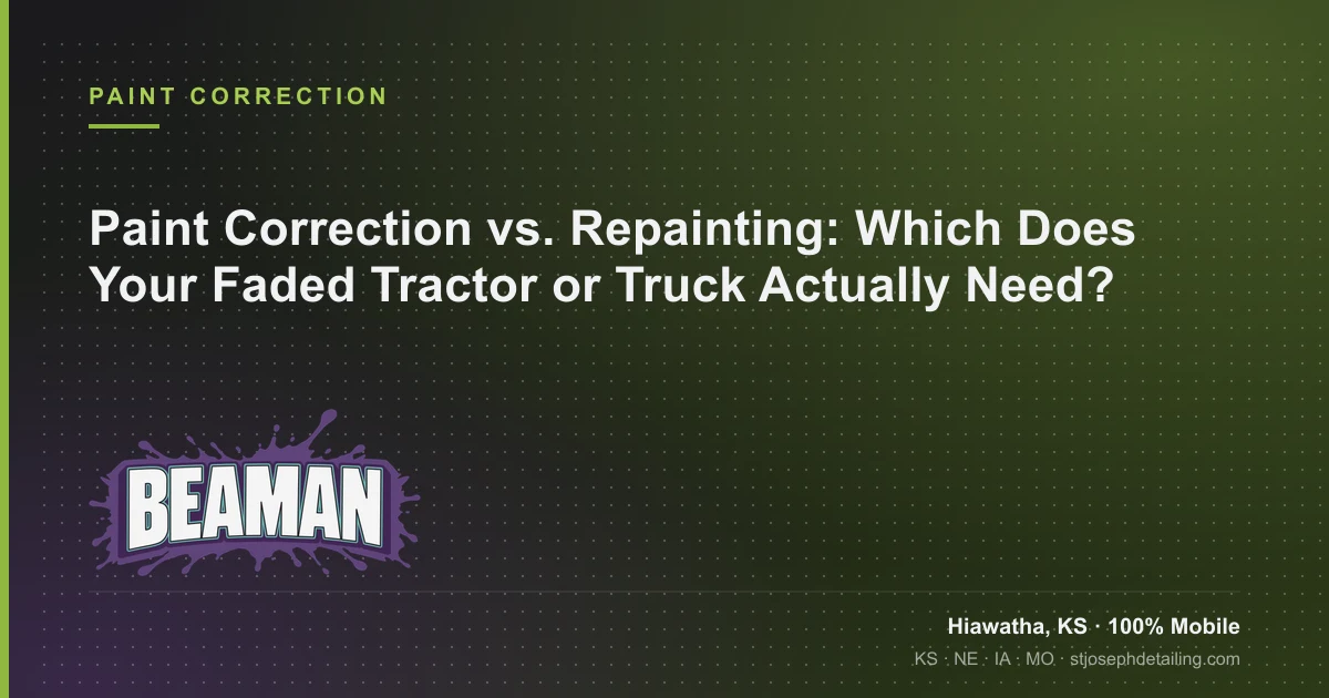 Faded tractor paint being judged for paint correction vs repainting, Beaman LLC, Hiawatha KS