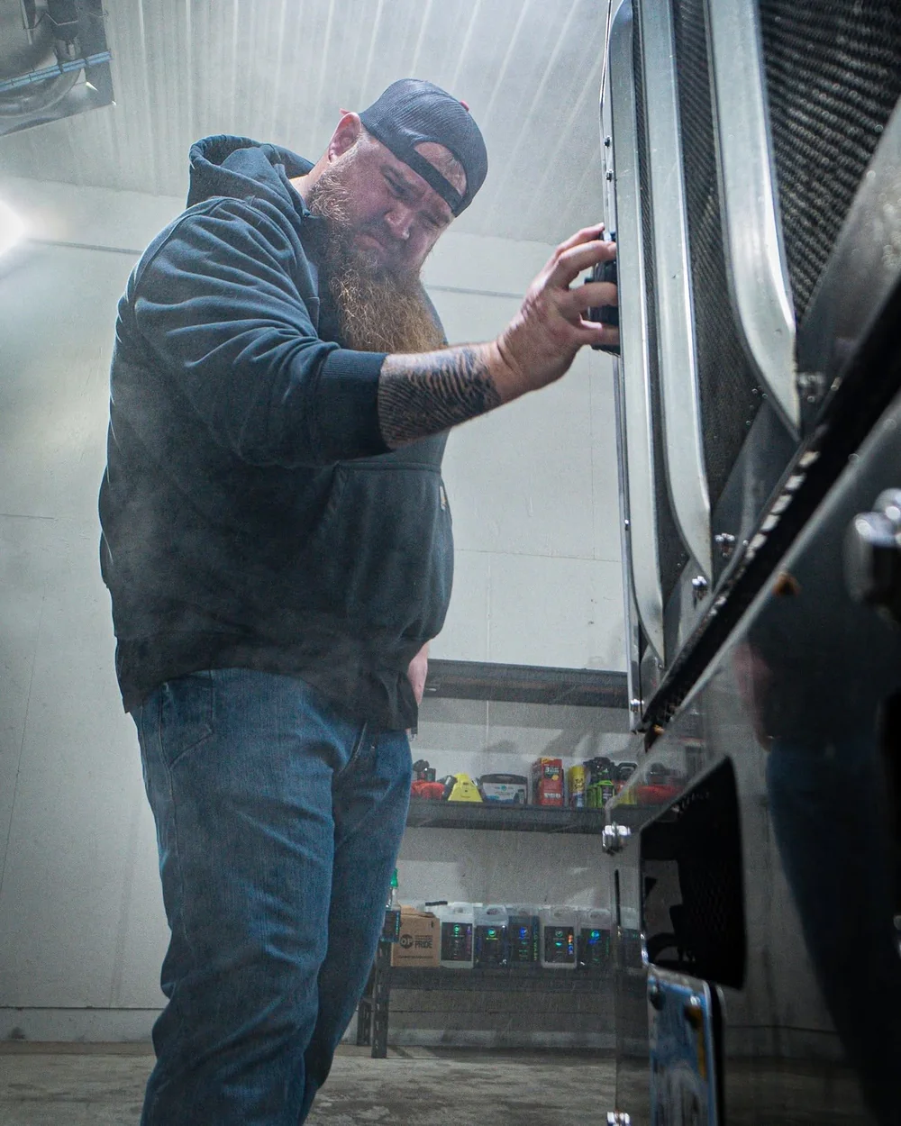 Beaman polishing the chrome on a semi truck on-site